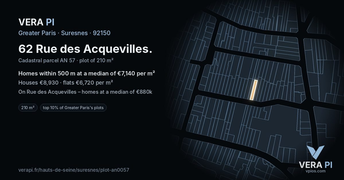 62 Rue des Acquevilles, Suresnes at night – the plot lit, the parcels around coloured by the prices near them