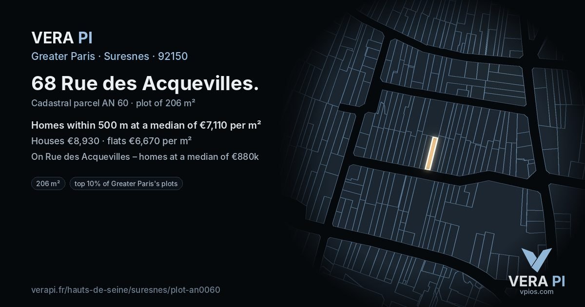68 Rue des Acquevilles, Suresnes at night – the plot lit, the parcels around coloured by the prices near them