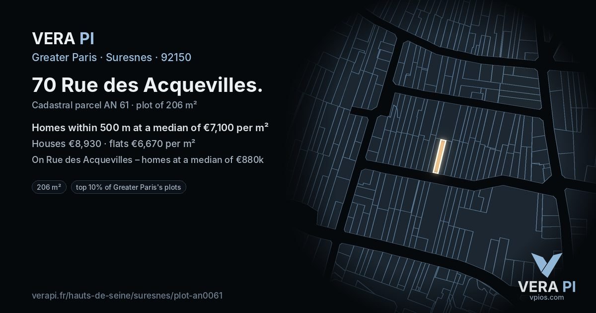 70 Rue des Acquevilles, Suresnes at night – the plot lit, the parcels around coloured by the prices near them