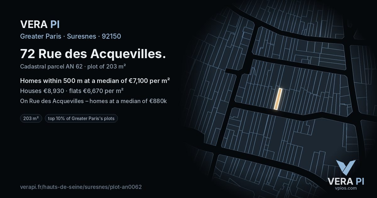 72 Rue des Acquevilles, Suresnes at night – the plot lit, the parcels around coloured by the prices near them