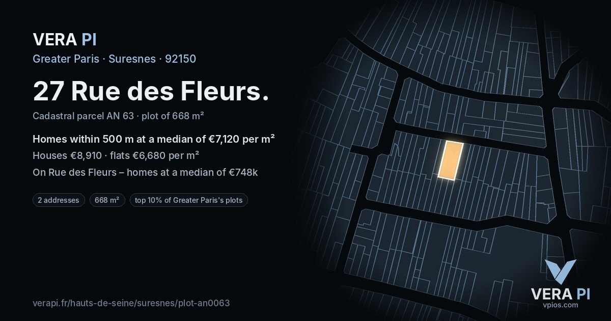 27 Rue des Fleurs, Suresnes at night – the plot lit, the parcels around coloured by the prices near them