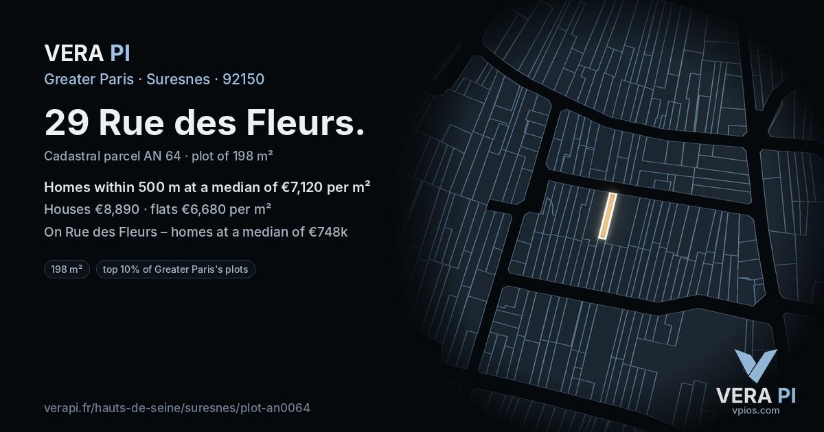 29 Rue des Fleurs, Suresnes at night – the plot lit, the parcels around coloured by the prices near them