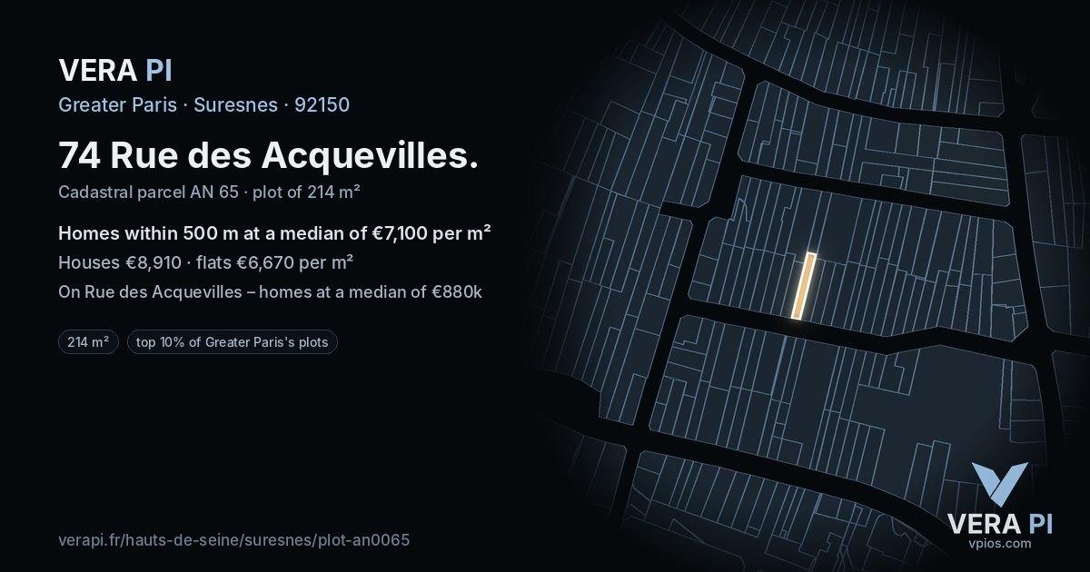 74 Rue des Acquevilles, Suresnes at night – the plot lit, the parcels around coloured by the prices near them
