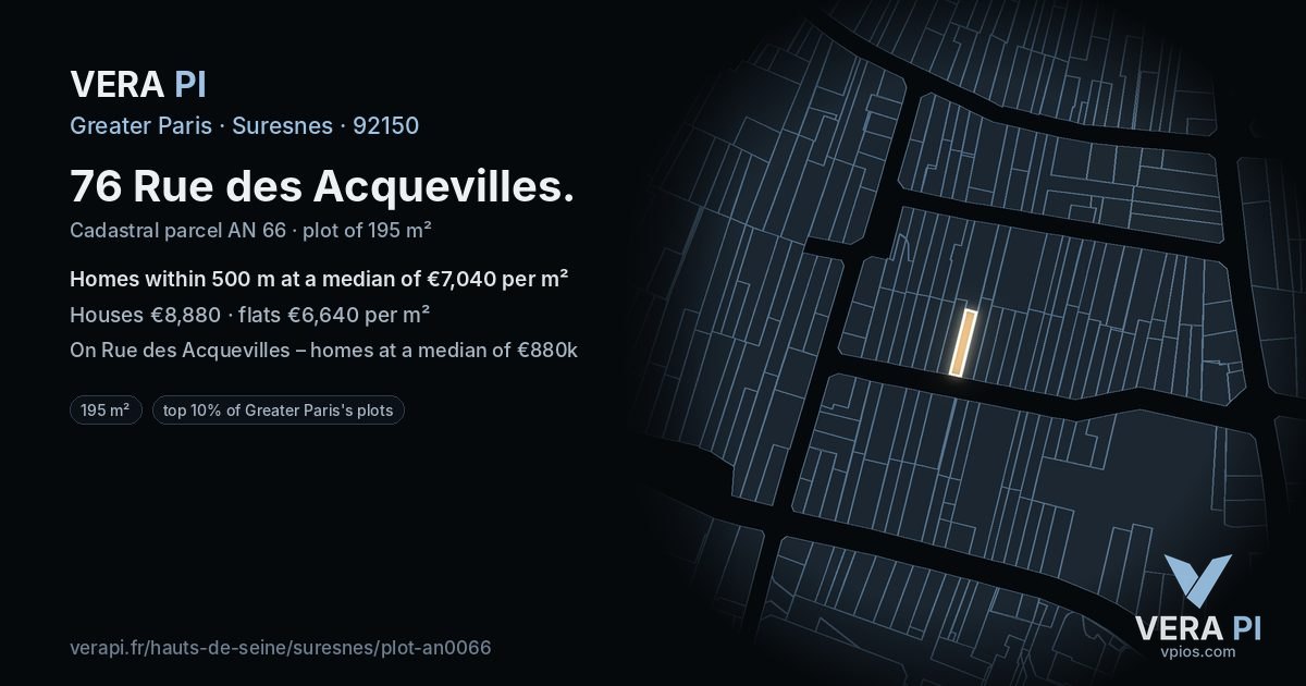 76 Rue des Acquevilles, Suresnes at night – the plot lit, the parcels around coloured by the prices near them
