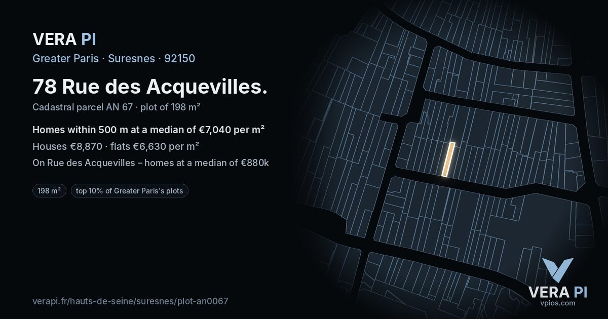 78 Rue des Acquevilles, Suresnes at night – the plot lit, the parcels around coloured by the prices near them