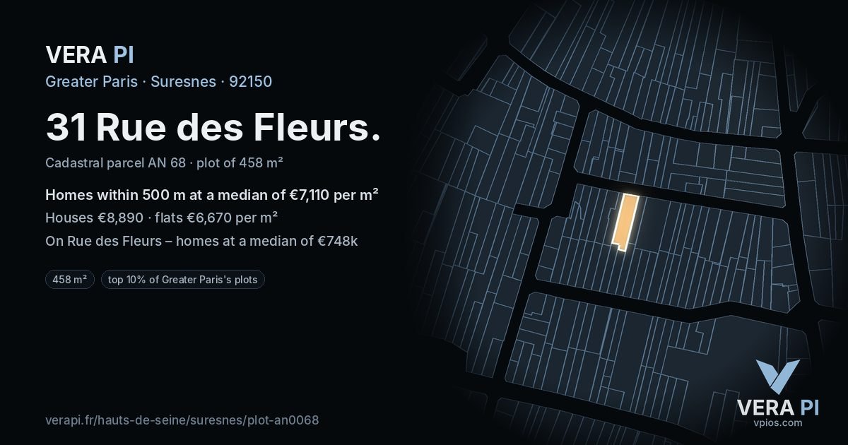31 Rue des Fleurs, Suresnes at night – the plot lit, the parcels around coloured by the prices near them
