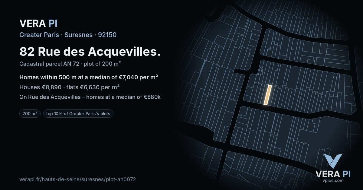 82 Rue des Acquevilles, Suresnes at night – the plot lit, the parcels around coloured by the prices near them