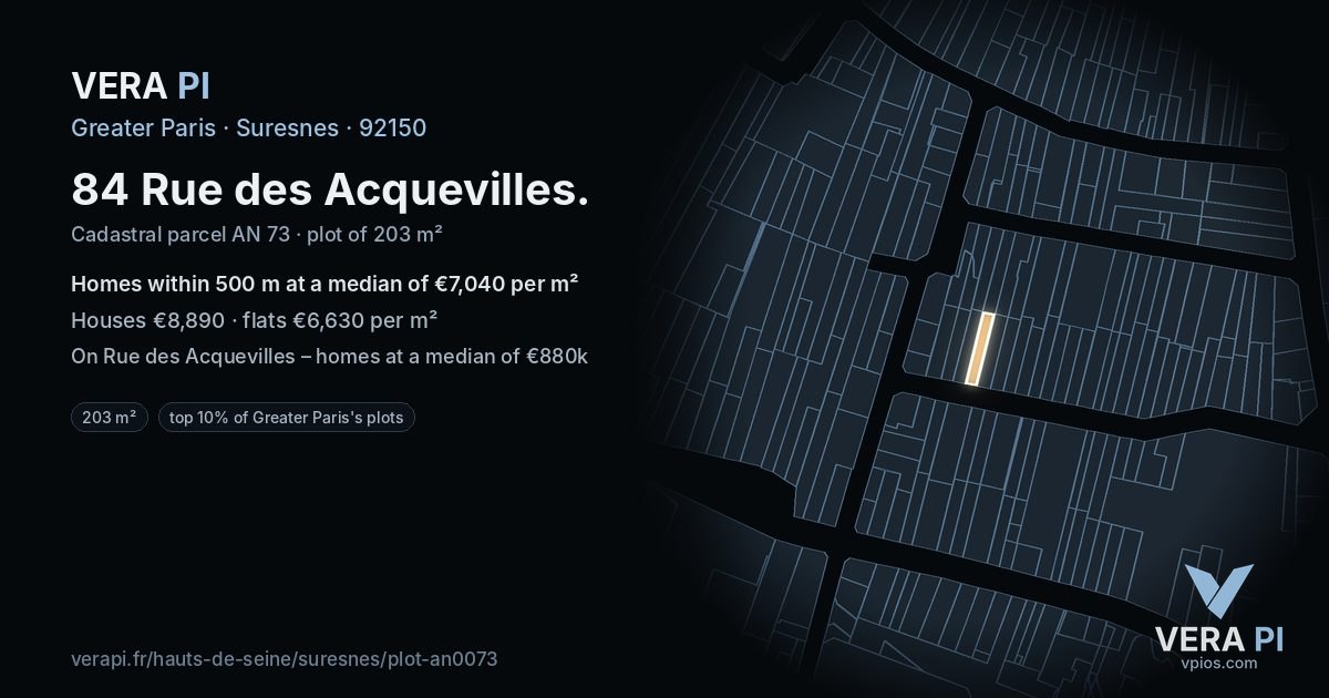 84 Rue des Acquevilles, Suresnes at night – the plot lit, the parcels around coloured by the prices near them