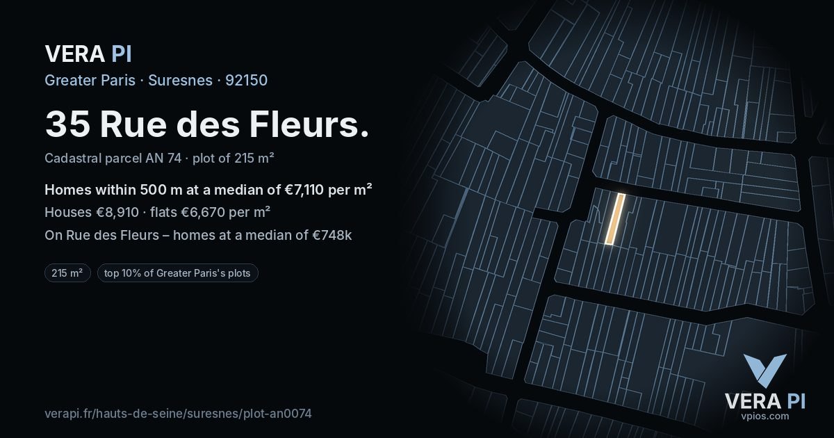 35 Rue des Fleurs, Suresnes at night – the plot lit, the parcels around coloured by the prices near them