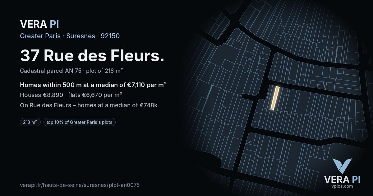 37 Rue des Fleurs, Suresnes at night – the plot lit, the parcels around coloured by the prices near them