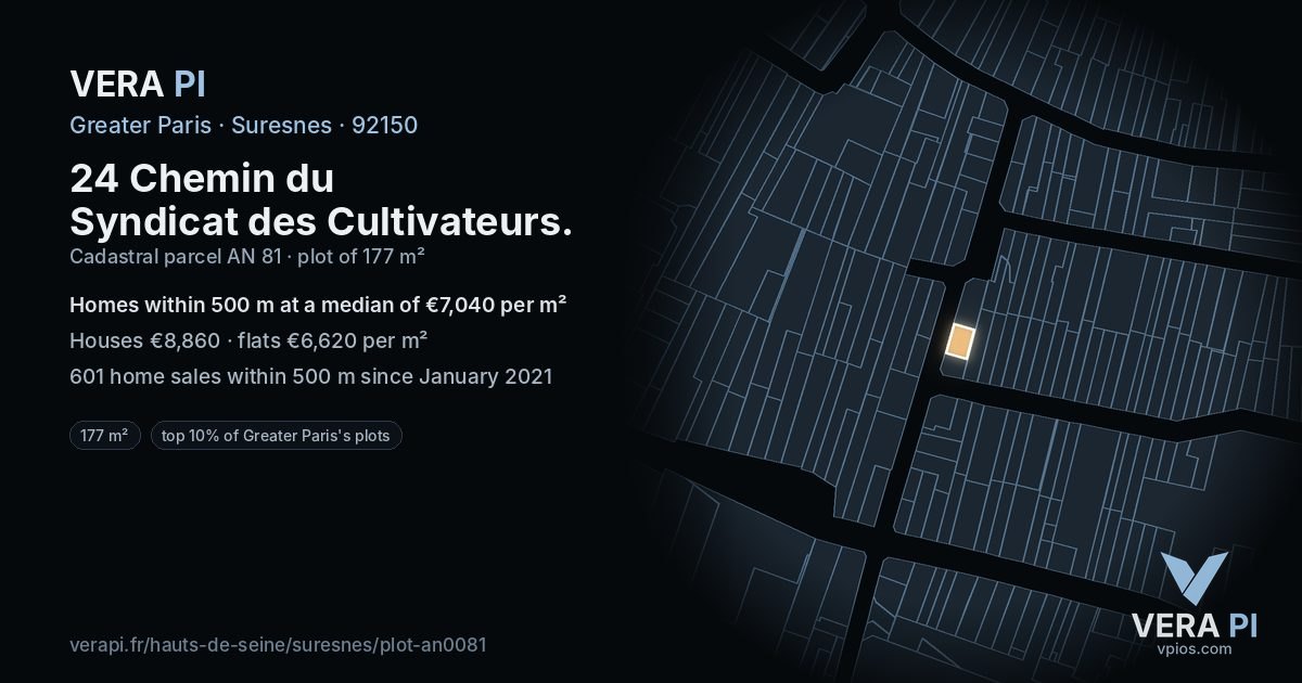 24 Chemin du Syndicat des Cultivateurs, Suresnes at night – the plot lit, the parcels around coloured by the prices near them