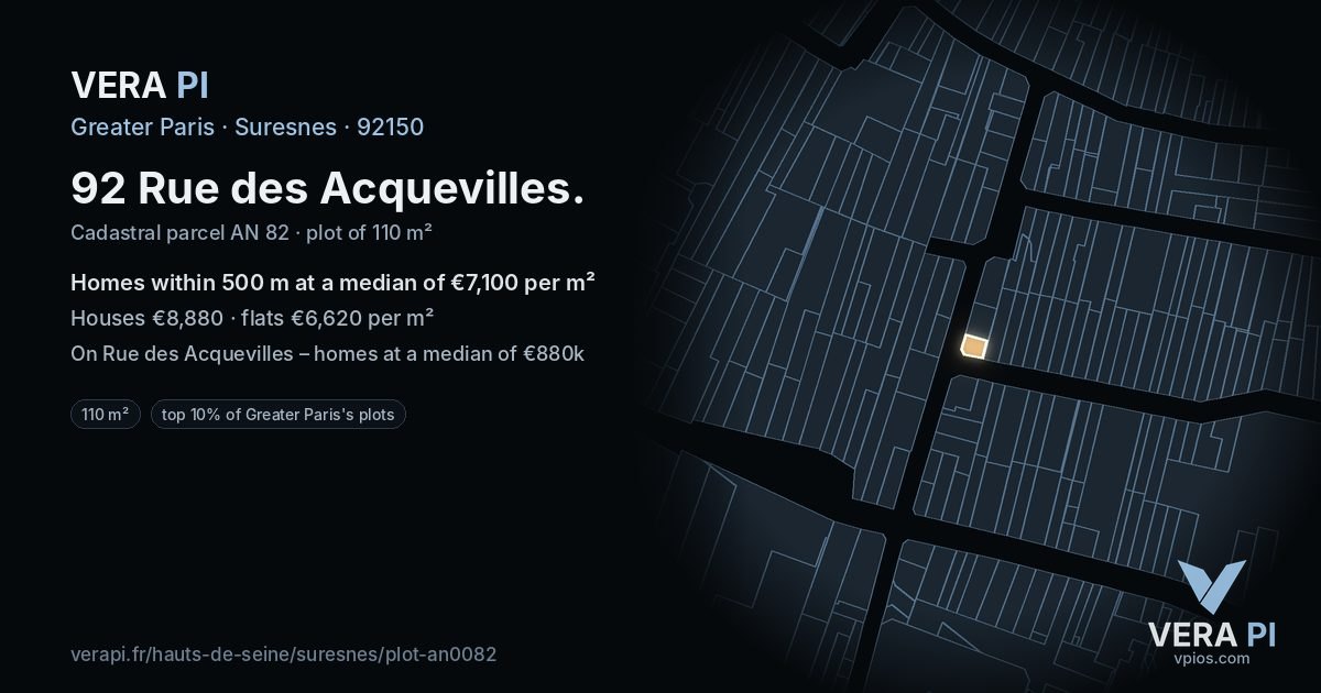 92 Rue des Acquevilles, Suresnes at night – the plot lit, the parcels around coloured by the prices near them