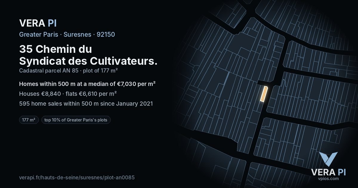 35 Chemin du Syndicat des Cultivateurs, Suresnes at night – the plot lit, the parcels around coloured by the prices near them