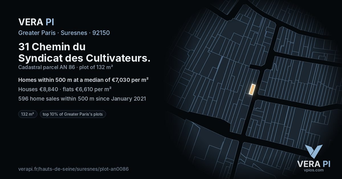 31 Chemin du Syndicat des Cultivateurs, Suresnes at night – the plot lit, the parcels around coloured by the prices near them