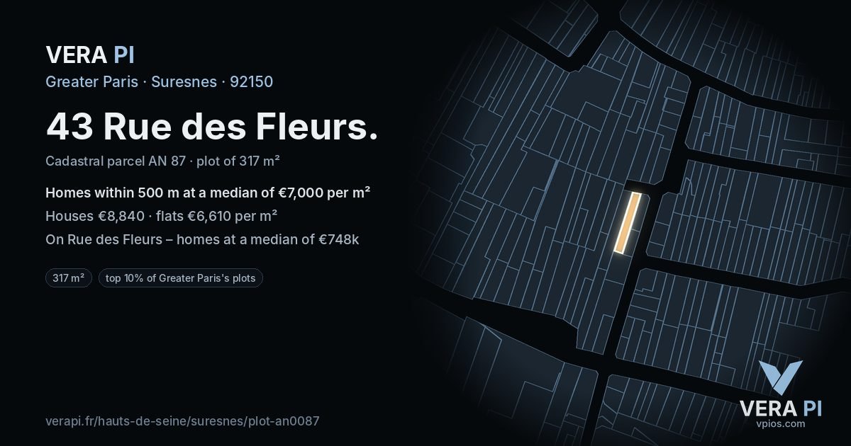 43 Rue des Fleurs, Suresnes at night – the plot lit, the parcels around coloured by the prices near them