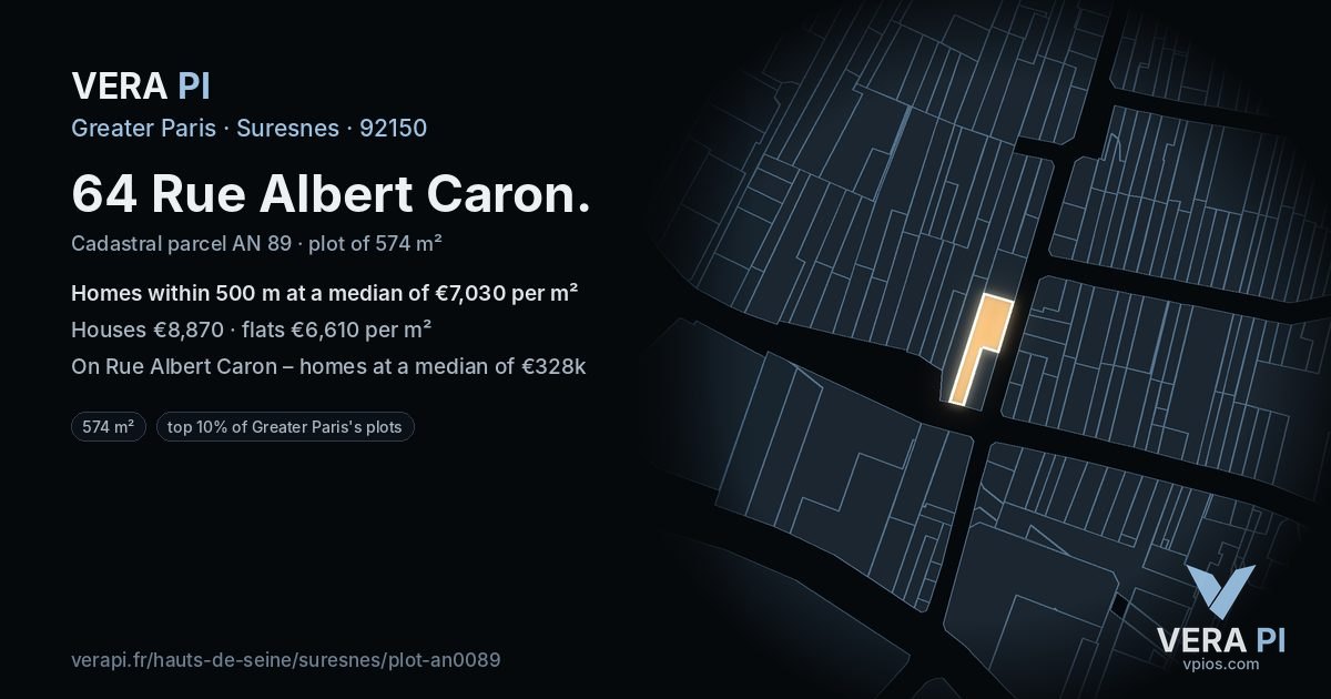 64 Rue Albert Caron, Suresnes at night – the plot lit, the parcels around coloured by the prices near them