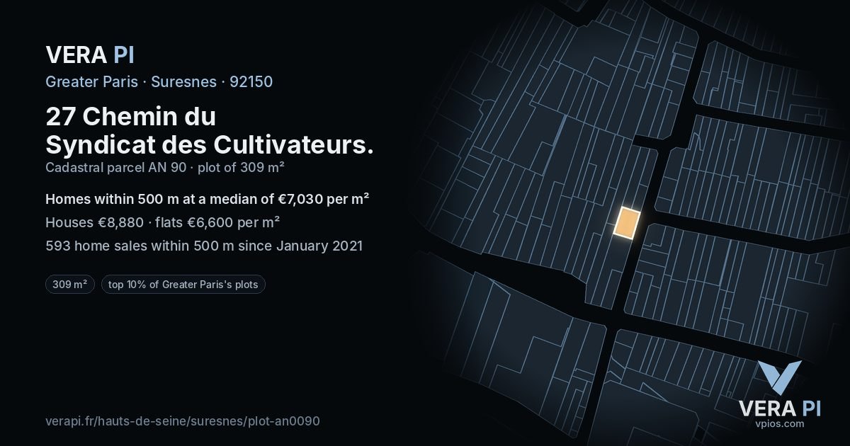 27 Chemin du Syndicat des Cultivateurs, Suresnes at night – the plot lit, the parcels around coloured by the prices near them