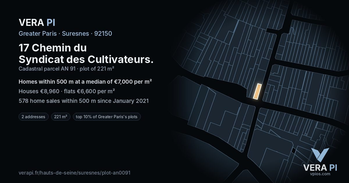 17 Chemin du Syndicat des Cultivateurs, Suresnes at night – the plot lit, the parcels around coloured by the prices near them