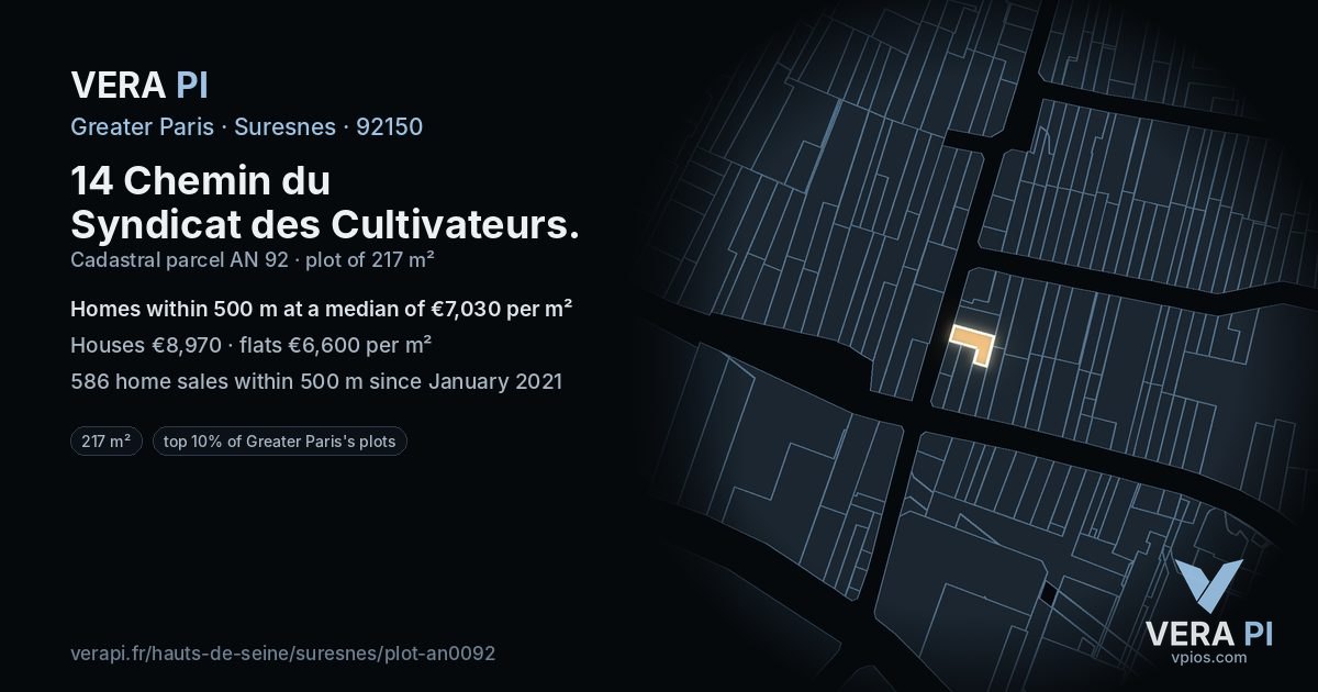 14 Chemin du Syndicat des Cultivateurs, Suresnes at night – the plot lit, the parcels around coloured by the prices near them