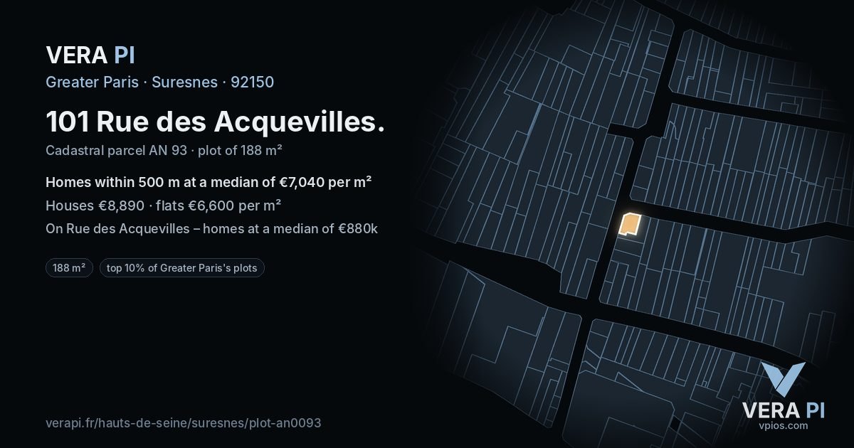 101 Rue des Acquevilles, Suresnes at night – the plot lit, the parcels around coloured by the prices near them