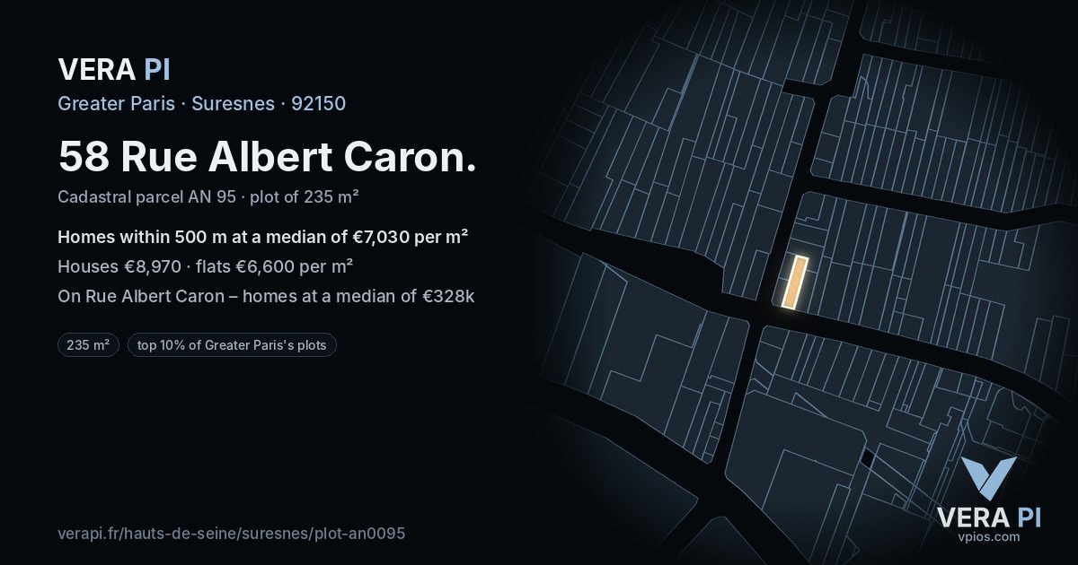 58 Rue Albert Caron, Suresnes at night – the plot lit, the parcels around coloured by the prices near them