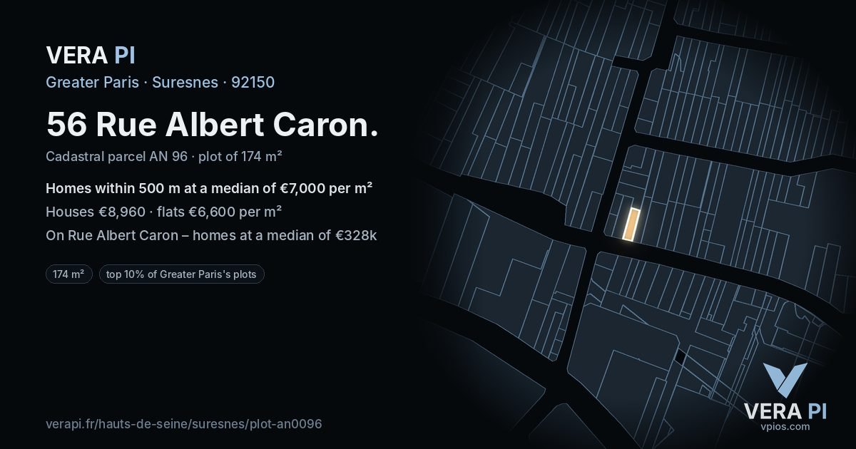 56 Rue Albert Caron, Suresnes at night – the plot lit, the parcels around coloured by the prices near them