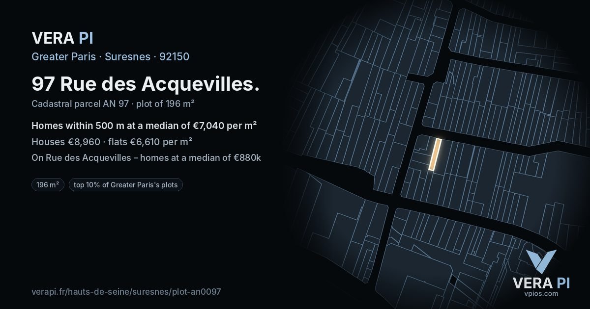 97 Rue des Acquevilles, Suresnes at night – the plot lit, the parcels around coloured by the prices near them