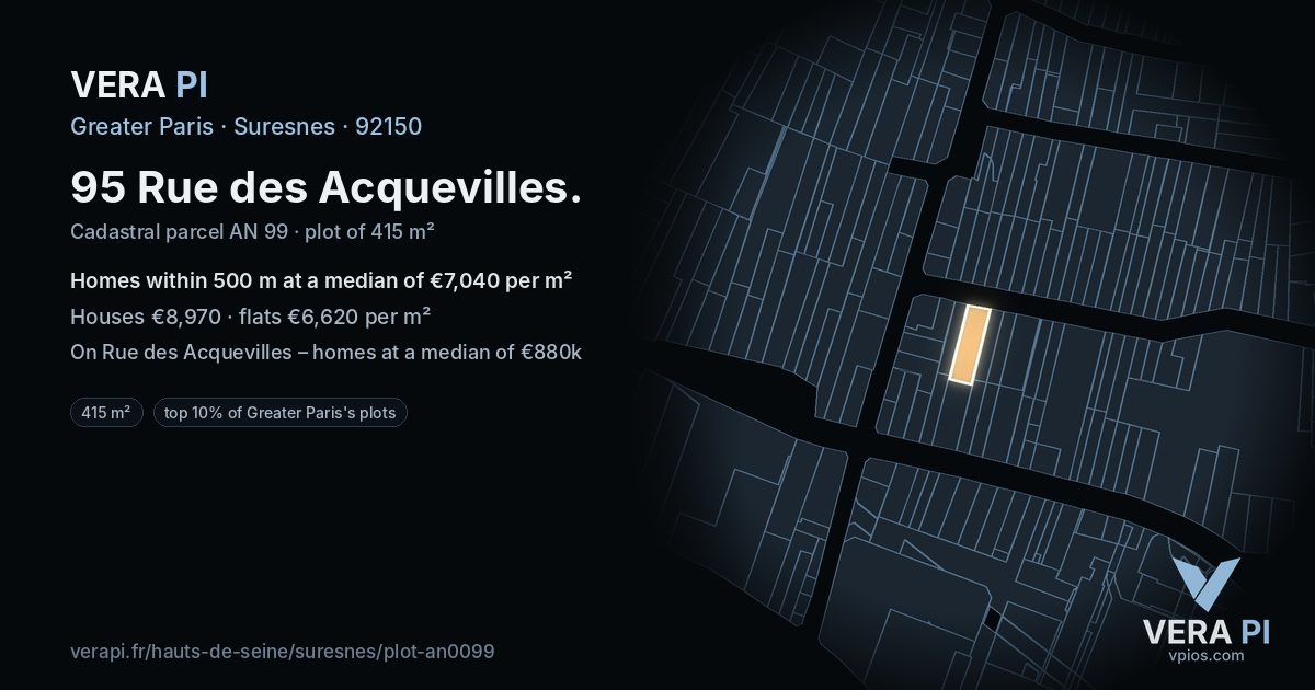 95 Rue des Acquevilles, Suresnes at night – the plot lit, the parcels around coloured by the prices near them