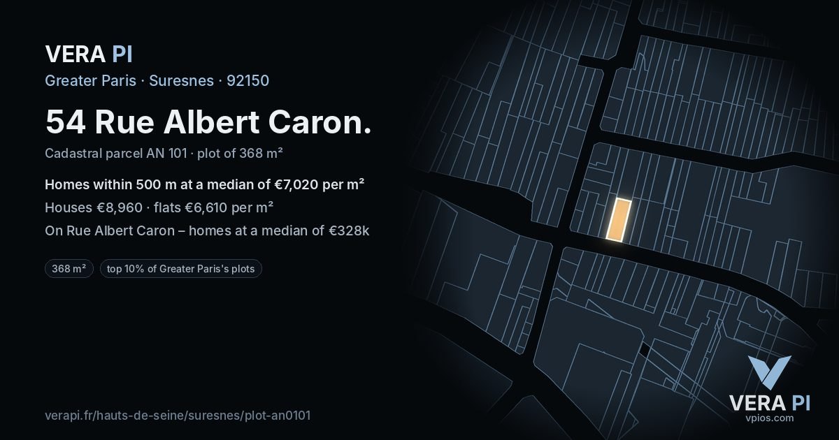 54 Rue Albert Caron, Suresnes at night – the plot lit, the parcels around coloured by the prices near them