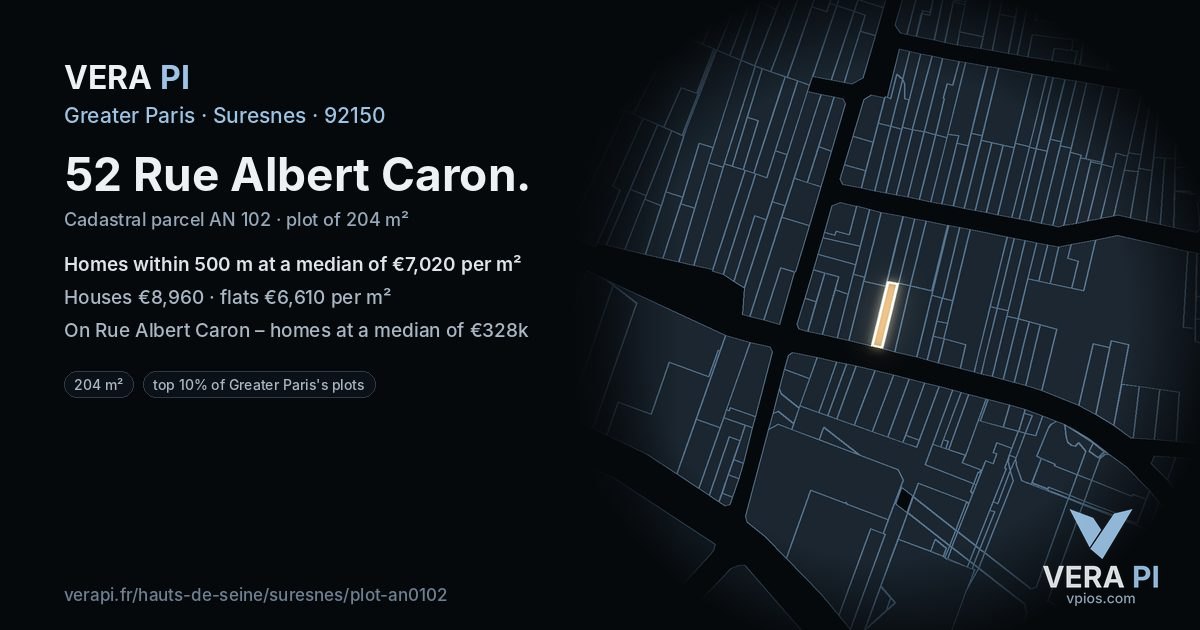 52 Rue Albert Caron, Suresnes at night – the plot lit, the parcels around coloured by the prices near them