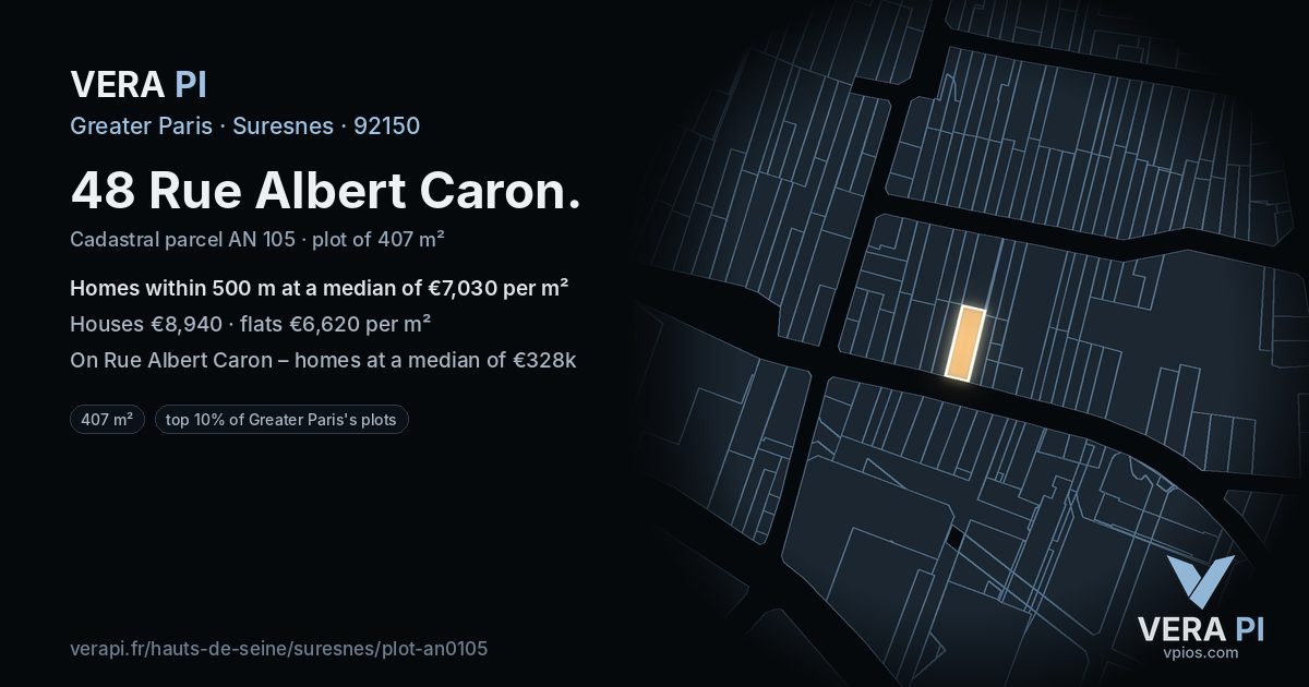 48 Rue Albert Caron, Suresnes at night – the plot lit, the parcels around coloured by the prices near them