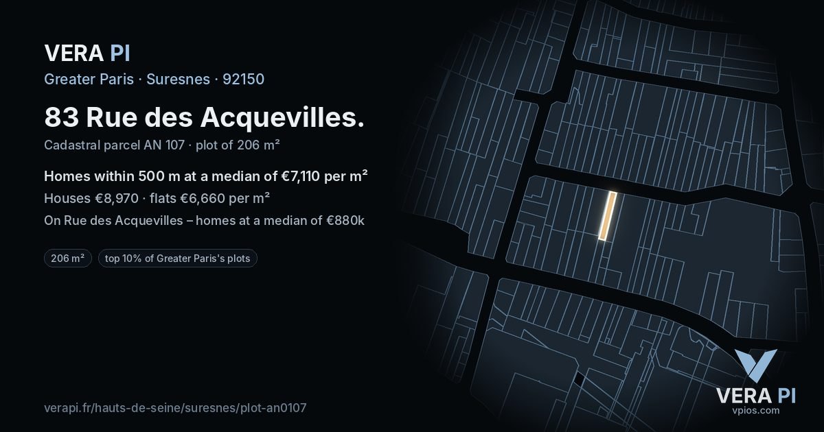 83 Rue des Acquevilles, Suresnes at night – the plot lit, the parcels around coloured by the prices near them