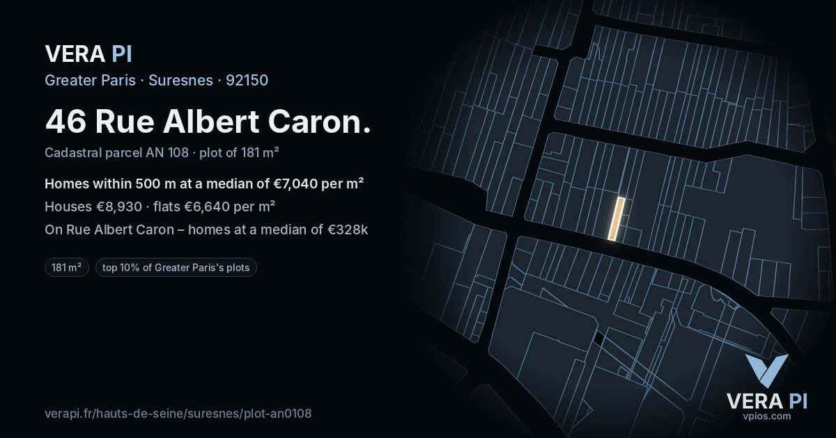 46 Rue Albert Caron, Suresnes at night – the plot lit, the parcels around coloured by the prices near them