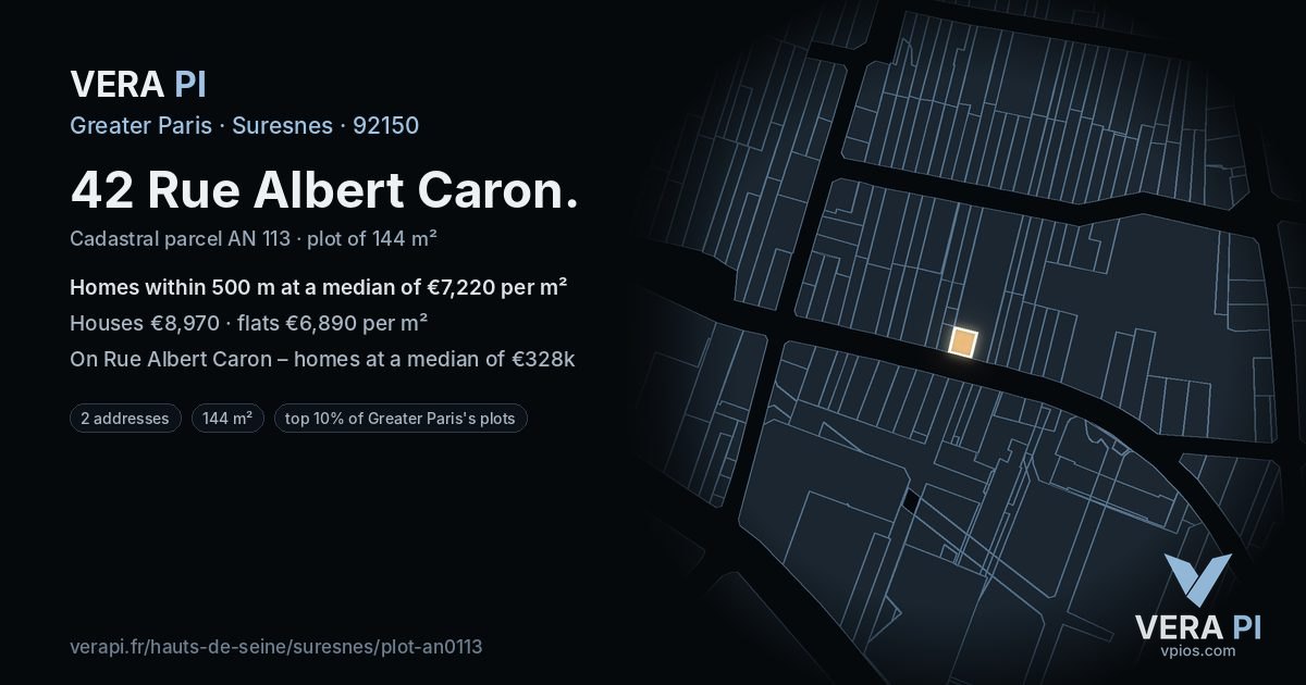 42 Rue Albert Caron, Suresnes at night – the plot lit, the parcels around coloured by the prices near them