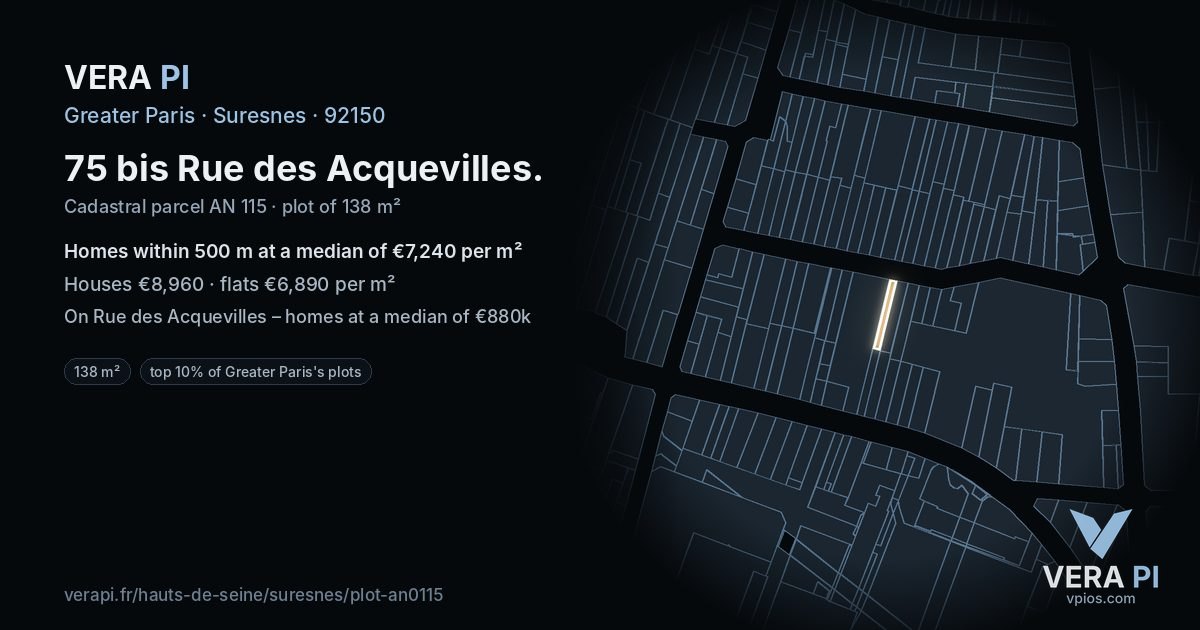 75 bis Rue des Acquevilles, Suresnes at night – the plot lit, the parcels around coloured by the prices near them