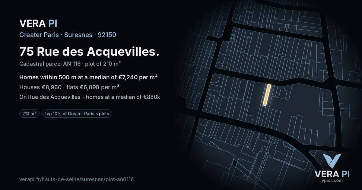 75 Rue des Acquevilles, Suresnes at night – the plot lit, the parcels around coloured by the prices near them