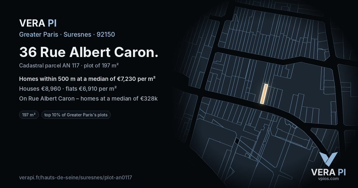 36 Rue Albert Caron, Suresnes at night – the plot lit, the parcels around coloured by the prices near them