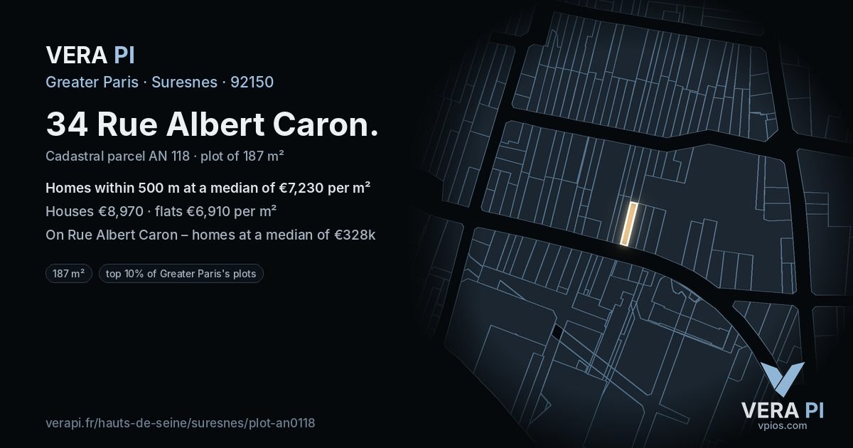 34 Rue Albert Caron, Suresnes at night – the plot lit, the parcels around coloured by the prices near them
