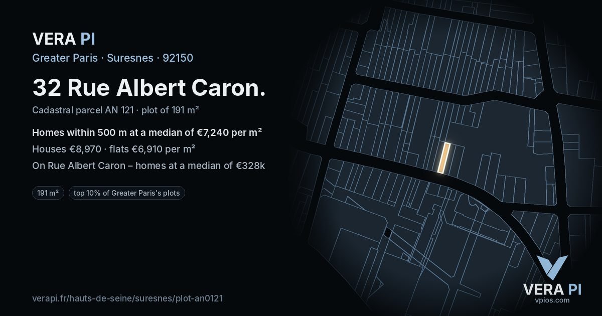 32 Rue Albert Caron, Suresnes at night – the plot lit, the parcels around coloured by the prices near them