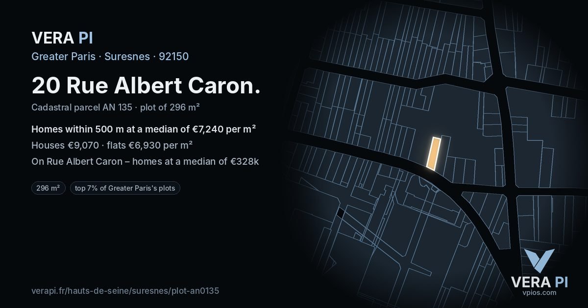 20 Rue Albert Caron, Suresnes at night – the plot lit, the parcels around coloured by the prices near them