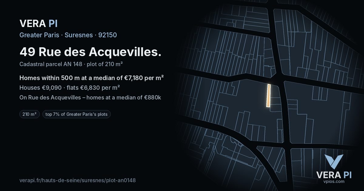 49 Rue des Acquevilles, Suresnes at night – the plot lit, the parcels around coloured by the prices near them