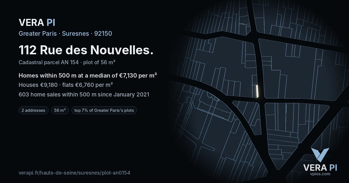 112 Rue des Nouvelles, Suresnes at night – the plot lit, the parcels around coloured by the prices near them
