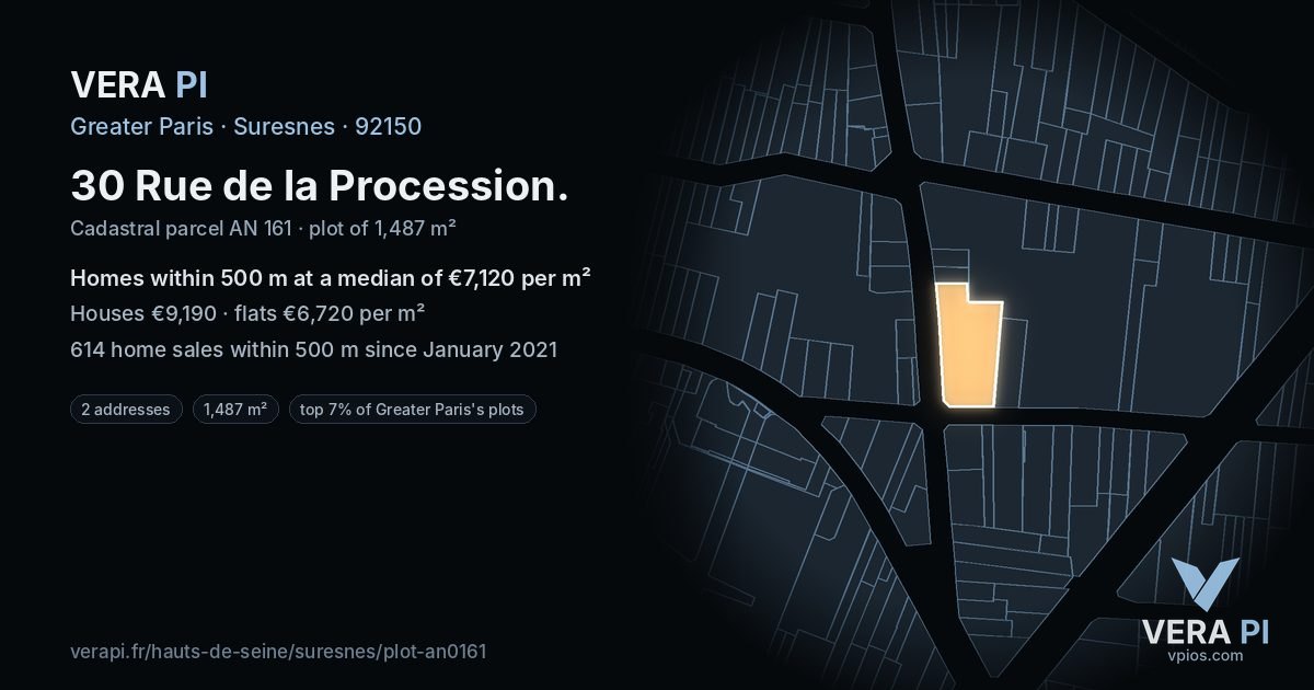 30 Rue de la Procession, Suresnes at night – the plot lit, the parcels around coloured by the prices near them