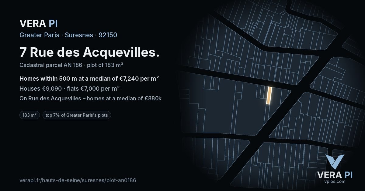 7 Rue des Acquevilles, Suresnes at night – the plot lit, the parcels around coloured by the prices near them
