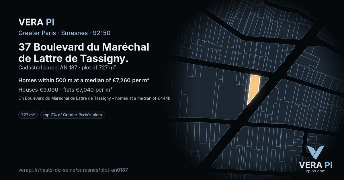 37 Boulevard du Maréchal de Lattre de Tassigny, Suresnes at night – the plot lit, the parcels around coloured by the prices near them