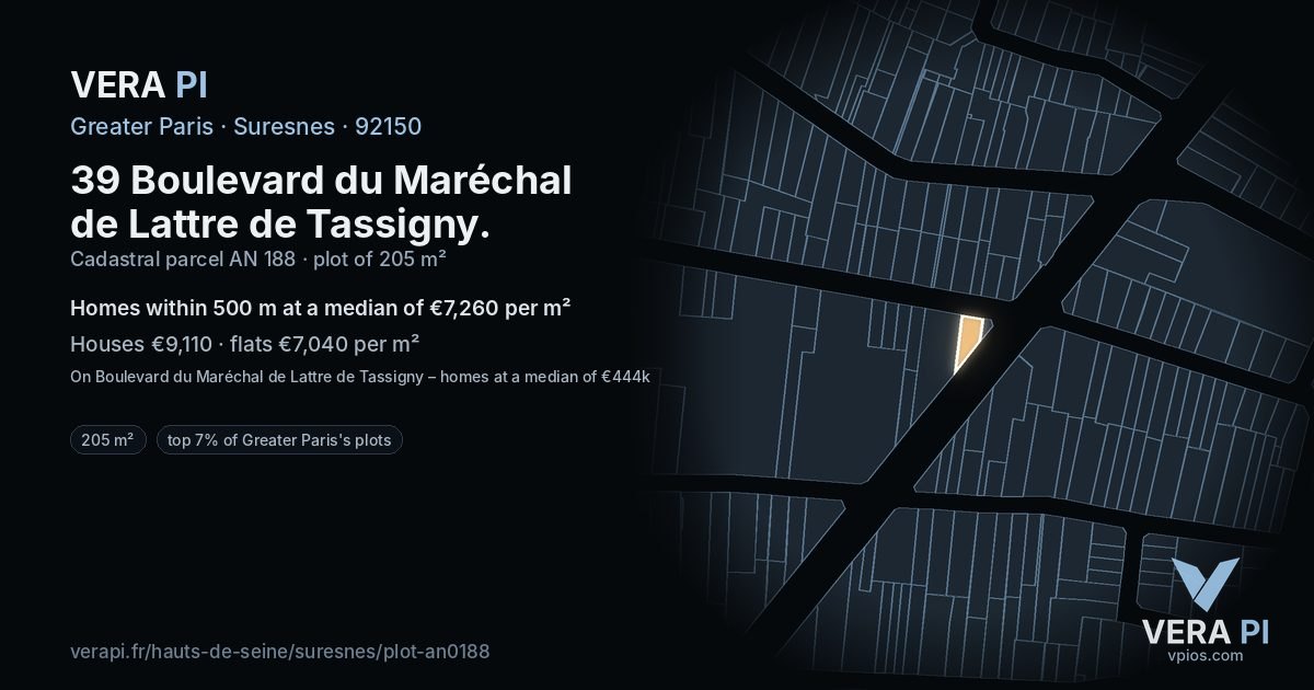 39 Boulevard du Maréchal de Lattre de Tassigny, Suresnes at night – the plot lit, the parcels around coloured by the prices near them
