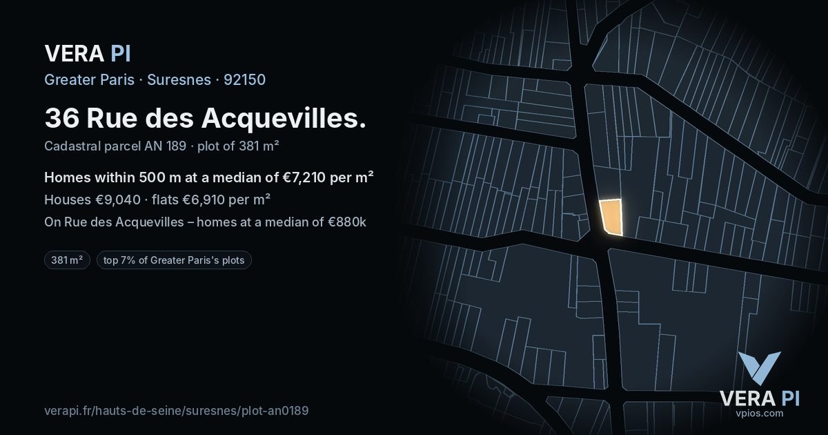 36 Rue des Acquevilles, Suresnes at night – the plot lit, the parcels around coloured by the prices near them
