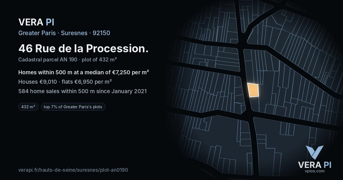 46 Rue de la Procession, Suresnes at night – the plot lit, the parcels around coloured by the prices near them