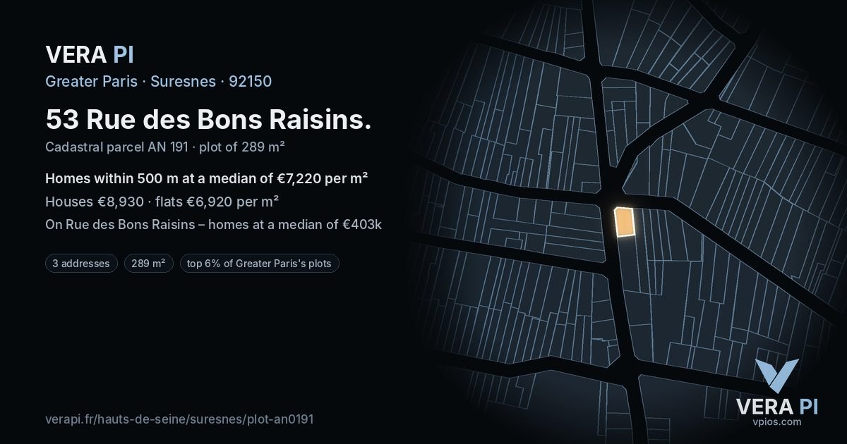 53 Rue des Bons Raisins, Suresnes at night – the plot lit, the parcels around coloured by the prices near them