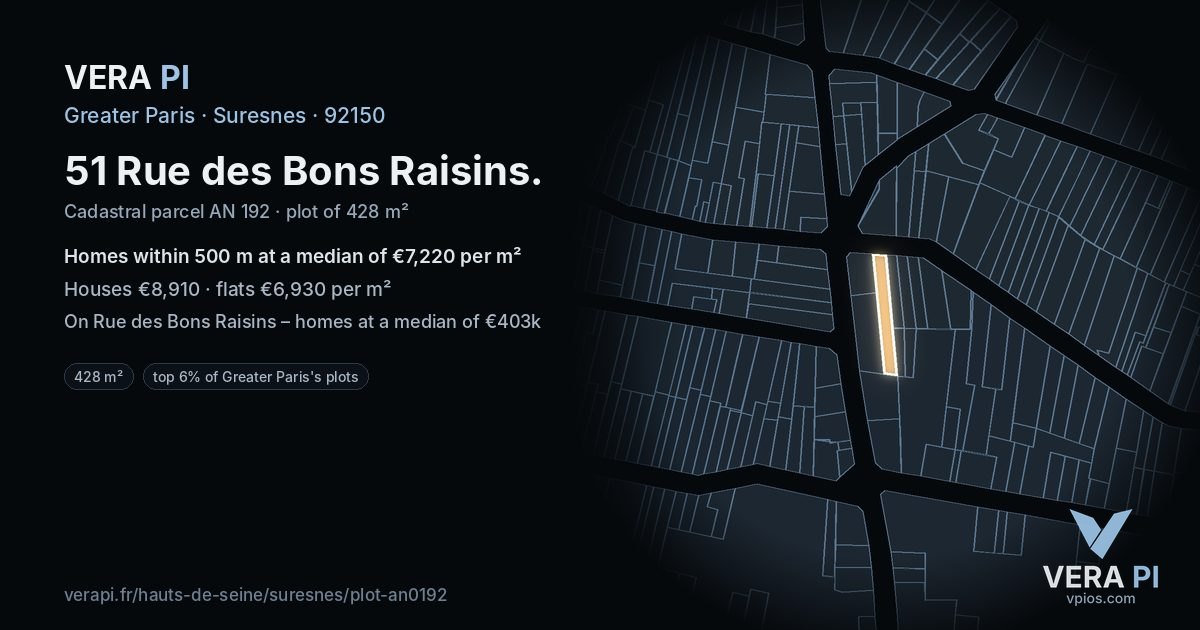 51 Rue des Bons Raisins, Suresnes at night – the plot lit, the parcels around coloured by the prices near them